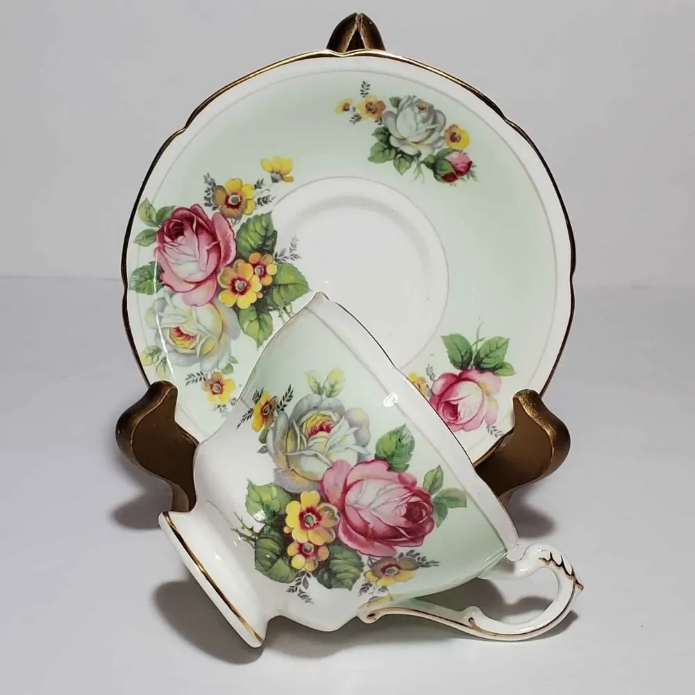 Paragon Teacup and Saucer Pink White Yellow Flowers Vintage